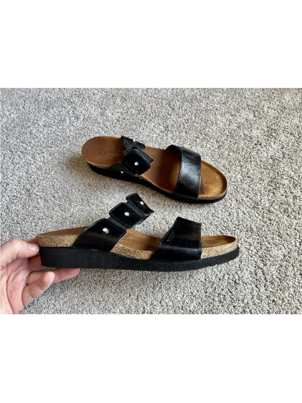 NAOT Ashley Size 41 /10 Leather Rhinestone Embellished Cork Wedge Slides Sandals